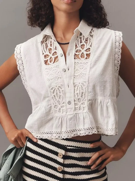 Anthropologie Pilcro Crop Swing Blouse Eyelet Lace NWT XL Boho Cottagecore Top - Picture 2 of 8